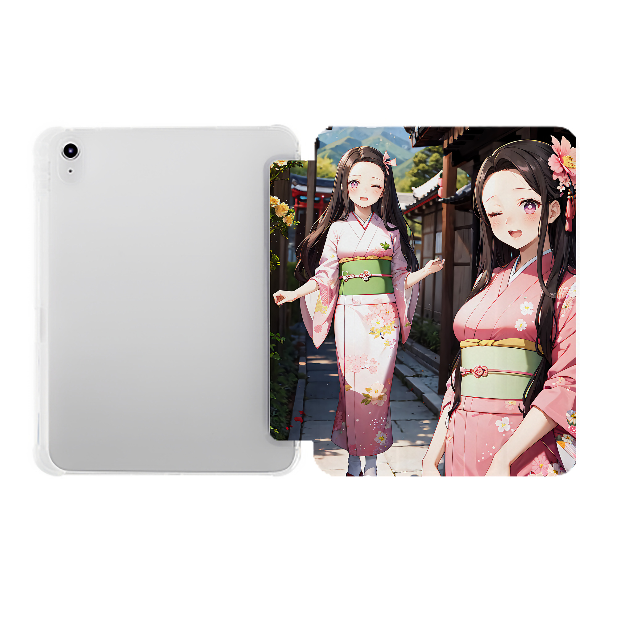 （画像用） 鬼滅の刃（きめつのやいば）竈門 禰󠄀豆子／かまど ねずこ Kamado Nezuko IPad ケース ペン収納付き 三つ折りスタンド PUレザー×シリコン 対応機種9.5/10.5/10.9インチ